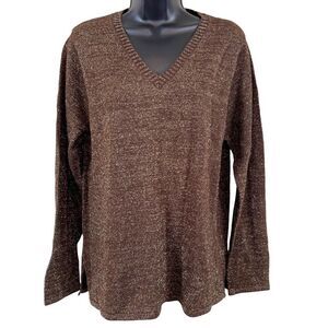 Vintage Terry Lewis Classic Luxuries Brown Metallic Wool Blend V-Neck Sweater